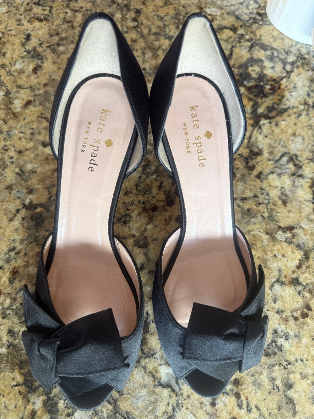 KATE SPADE  Black Satin Peep-Toe Heels with Bow